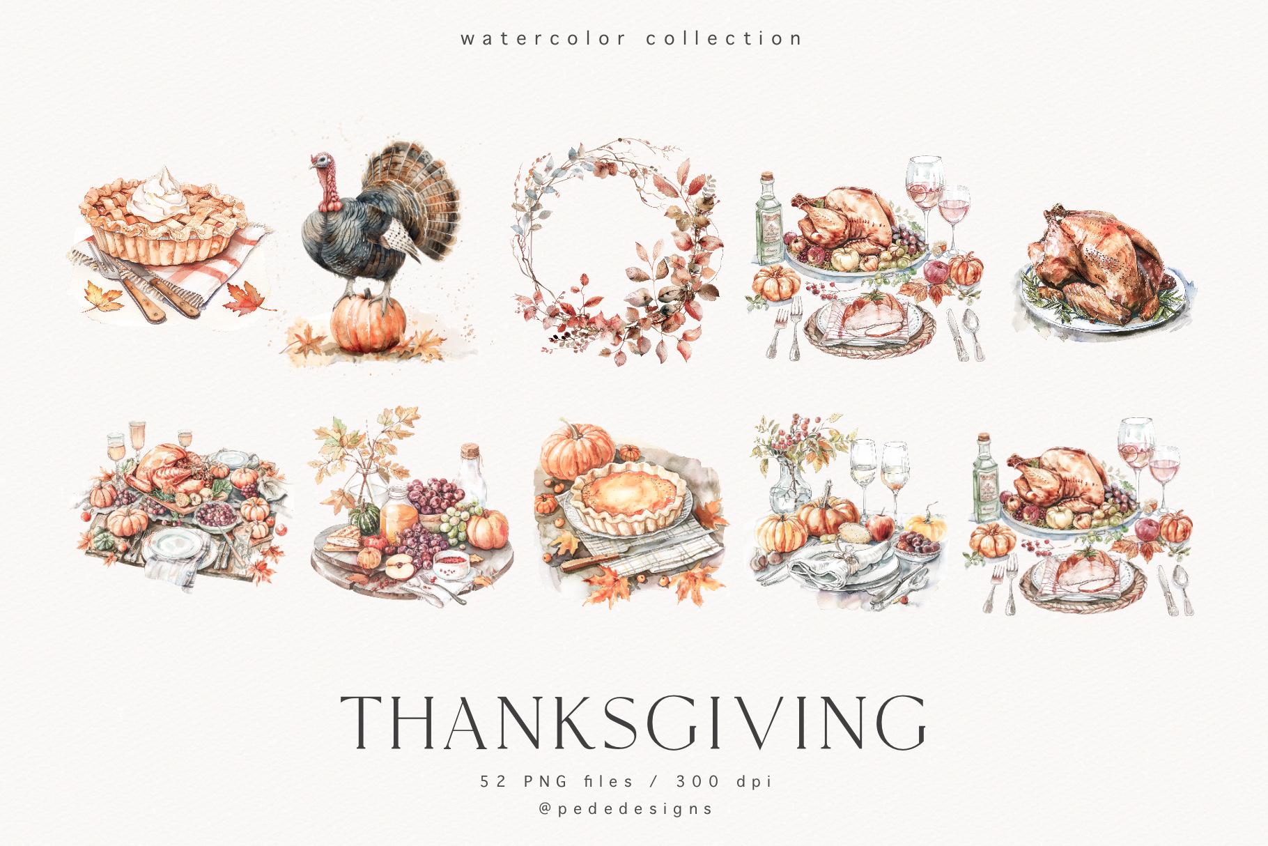 Thanksgiving Clip Art Set, Watercolor Fall Clipart, Food Graphics ...