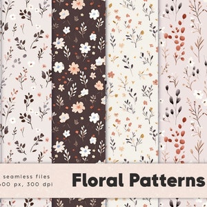 Flowers digital paper pack, watercolor leaves and branches, seamless patterns, floral digital papers, sweet flowers, pink, download image 1