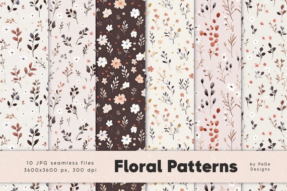 Flowers digital paper pack, watercolor leaves and branches, seamless patterns, floral digital papers, sweet flowers, pink, download