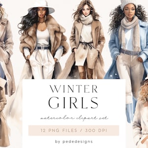 Wintermeisjes, aquarel mode clipart, winter png-afbeeldingen, mode meisje clipart, trendy outfit, winter clipart, mode png, download
