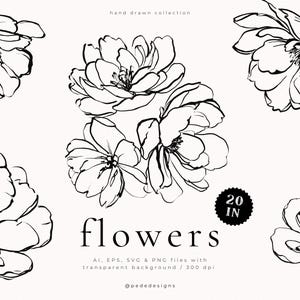 Puede incluir: Una colección de ilustraciones de flores dibujadas a mano en blanco y negro. El texto dice: hand drawn collection, 20 in, flowers, AI, EPS, SVG & PNG files with transparent background / 300 dpi, @pededesigns. Se muestran estos gráficos florales.