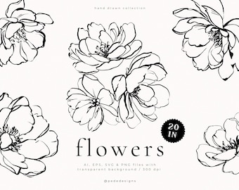 花の線画ブラシアート｜植物の輪郭クリップアート｜SVG PNG EPSファイル（デジタルダウンロード）