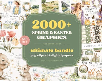 2000+ Spring Clipart Bundle | Easter Graphics Bundle | Watercolor Floral PNG | Digital Papers | Cottage Elements | Scrapbooking Kit