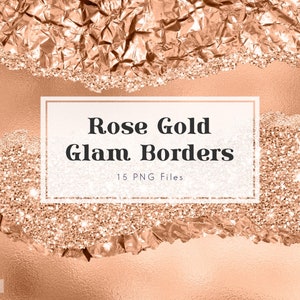 ClipArt con bordi glam in oro rosa, carta strappata, sovrapposizione in oro rosa, struttura metallica, elementi di design, formato png, bordi glitterati, download