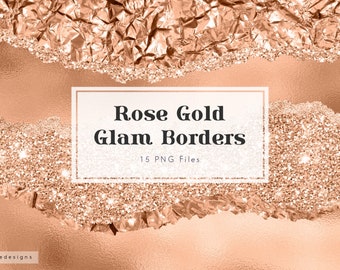 Clip art con bordi glamour in oro rosa, carta strappata, sovrapposizione in oro rosa, texture metallica, elementi di design, formato png, bordi glitterati, download
