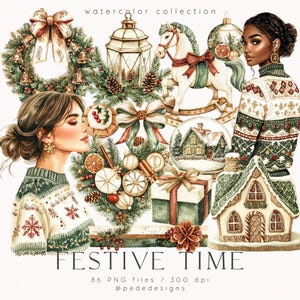 Feestelijke tijd clipartbundel, aquarel clipart, gezellige kerst, groen en goud, kerstboom, feestelijke koekjes, kerstversieringen, download