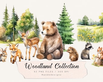 Aquarell Wald Clip Art, Waldtiere, Waldtiere, Kinderzimmer Dekoration, Baby Tiere, Rehe, Bär, Hase, Igel, Fuchs, download