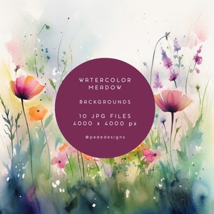 Aquarel weideachtergronden, lente digitaal papier, lenteweide, achtergrond voor uitnodiging, kleurrijk landschap, wilde bloemen, downloaden