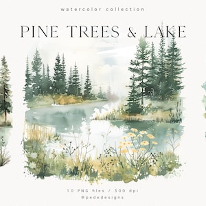 Pijnbomen en merenlandschap, aquarel meerlandschap, zomer png clipart, landschapsillustratie, bos, bergen, uitnodiging, download