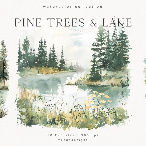 Pine Trees & Lake Landscape, watercolor lake scenery, summer png clipart, landscape illustration, forest, mountains, invitation, download