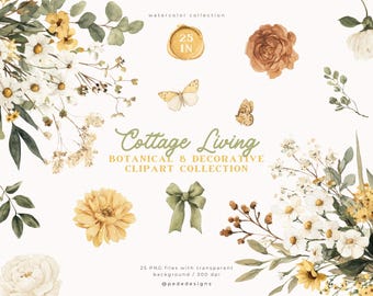 Cottagecore Floral Clipart | Watercolor Botanical | Vintage Flowers, Butterflies & Bows | Wedding Clipart | 25 Scrapbook PNG Elements