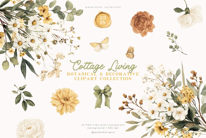 May include: Watercolor clipart collection featuring botanical and decorative elements. The image includes floral arrangements with white and yellow flowers, butterflies, and a green bow. Text reads "Cottage Living" and "25 IN".