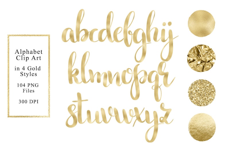 Gold alphabet clip art, 4 elegant styles, gold foil, gold glitter, lower case, golden foil cliparts, luxury, download image 1