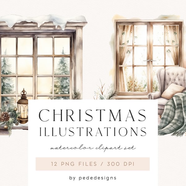 Christmas Illustrations, watercolor christmas scene, cozy clipart, christmas tree, reading clipart, christmas eve, window view, download