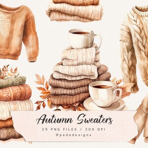 Herfsttruien, aquarel gezellige herfst clipart, herfst png-afbeeldingen, aquarelboeken, png-bestand koffie, trui clipart, download