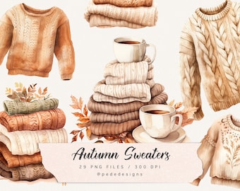 Watercolor Autumn Clipart: Sweaters, Books, Coffee (PNG Download)