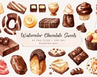 Watercolor Chocolate Sweets Clipart | Dessert and Candy PNG Set | Hand Painted Pastry Illustration for Bakery Logos & Food Design