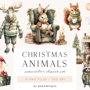 Weihnachten Tiere Clipart, Aquarell feiertage, Winter Clipart, Hase, Elch, Eichhörnchen, Maus, magische Grafik, Heiligabend, download