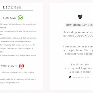May include: A white document with black text detailing a license agreement. The text includes terms for using graphics, such as for printed products and digital designs, and restrictions on redistribution. The document also includes a section about coupon codes and feedback.
