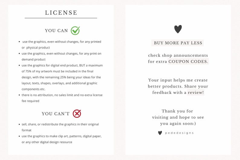 May include: A white document with black text detailing a license agreement. The text includes terms for using graphics, such as for printed products and digital designs, and restrictions on redistribution. The document also includes a section about coupon codes and feedback.