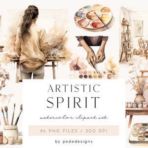 Spirito artistico, clipart per pittori ad acquerello, clipart per hobby, grafica per il tempo libero, campioni di colore, galleria d'arte, clipart con pennelli, download