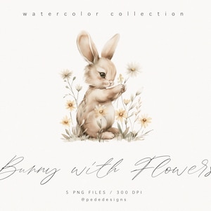 Bunny with Flowers clipart, watercolor baby bunny, spring png graphics, easter clipart, nursery clipart, spring flowers, daisies, download image 2