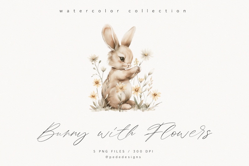 Bunny with Flowers clipart, watercolor baby bunny, spring png graphics, easter clipart, nursery clipart, spring flowers, daisies, download image 2