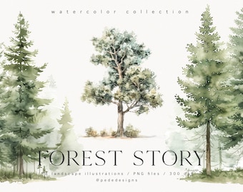 Watercolor Landscape Illustrations - Forest Story Collection, woodland clipart, watercolor tree, pine tree clipart, forest clipart, download