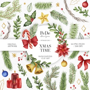 Tiempo de Navidad, imágenes prediseñadas navideñas de acuarela, imágenes prediseñadas de invierno, elementos navideños, pegatinas del planificador, follaje, oro, descargar