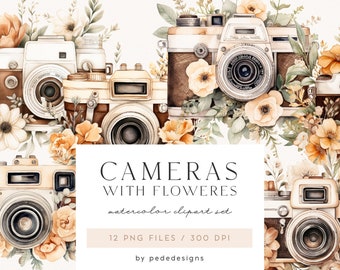 Cameras with Flowers, retro cameras clipart, cottagecore, floral shabby cameras, watercolor floral png, photography logo, download