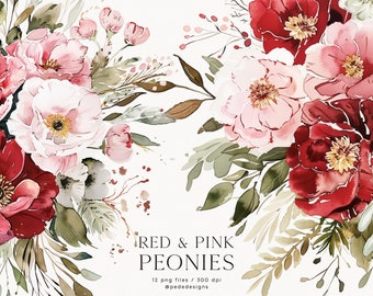 Red & Pink Peonies, watercolor flowers, peonies clipart, wedding bouquet clipart, premade floral arrangements, frame clipart, download