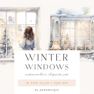 Ilustraciones de invierno, imágenes prediseñadas de invierno en acuarela, gráficos de niñas, vista de ventana, imágenes prediseñadas de invierno acogedoras, gráficos navideños acogedores, descargar