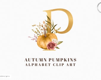 Decorative alphabet clipart, letters with leaves & flowers, gold foil alphabet, autumn pumpkins, fall watercolor clip art, golden, download