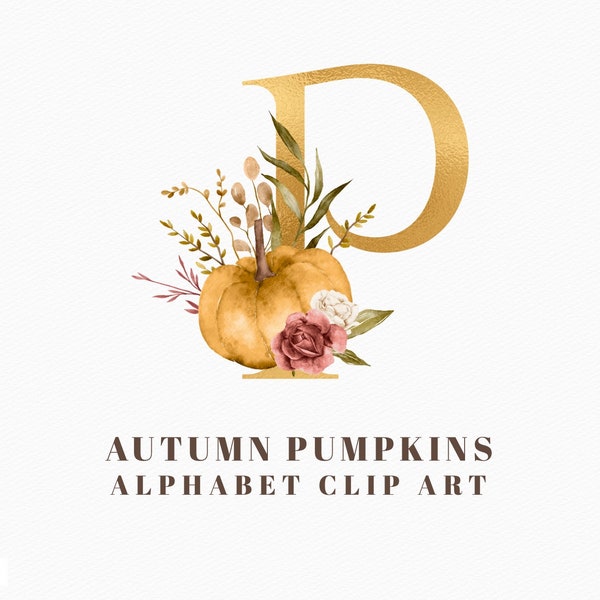 Decorative alphabet clipart, letters with leaves & flowers, gold foil alphabet, autumn pumpkins, fall watercolor clip art, golden, download