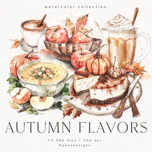 Bundle de cliparts saveurs d'automne, clipart aquarelle confortable, clipart menu, saison d'automne, latte à la citrouille et aux épices, tarte aux pommes, dinde rôtie, téléchargement
