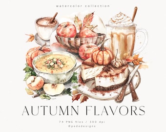 Autumn Flavours Clip Art-bundel, gezellige aquarel clipart, menu clipart, herfstseizoen, kruidenpompoen latte, appeltaart, geroosterde kalkoen, download
