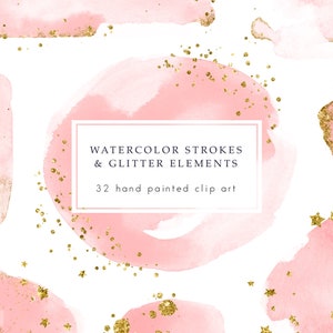 Aquarel lijnen clipart, gouden glitter, roze aquarel splash, verf illustraties, penseelstreek clipart, goud sprankelend, png overlays, download