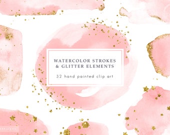 Watercolor strokes clipart, gold glitter, pink watercolor splash, paint clip art, brush stroke clipart, gold sparkly, png overlays, download