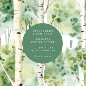 Papel digital de árboles de abedul de acuarela, patrón de acuarela de bosque, papel digital transparente, naturaleza, fondo botánico, descargar