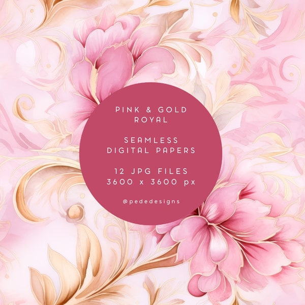 Pink & gold royal digital paper pack, watercolor seamless papers, damask pattern, luxury floral pattern, elegant, baby girl, download