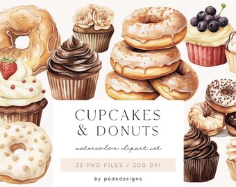 May include: A collection of watercolor illustrations featuring various cupcakes and donuts, with text reading CUPCAKES & DONUTS watercolor clipart set 33 PNG FILES / 300 DPI by pededesigns centered in the middle of the image.