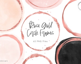 Rose gold circle frames clipart, rose gold design elements, rose gold glitter, foil & sparkly, for logo, blog, watercolor shapes, download