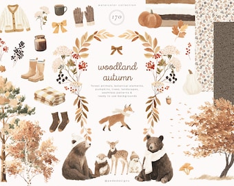 Woodland Autumn Watercolor Clipart Bundle with Fall Forest Animals, Cozy Autumn PNGs & Seamless Patterns (Digital Download)