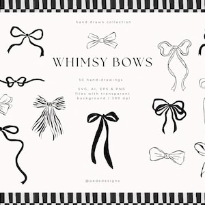 Könnte beinhalten: Eine Sammlung handgezeichneter Schwarz-Weiß-Schleifenillustrationen. Das Bild zeigt verschiedene Schleifendesigns mit dem Text „WHIMSY BOWS“ und Details zu Dateitypen und Auflösung. Der Hintergrund hat ein schwarz-weißes Schachbrettmuster.