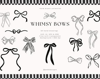 Whimsy Bows – 50 Hand-Drawn Ribbon Illustrations for Elegant Design Projects | PNG, SVG, Vector | Digital Download