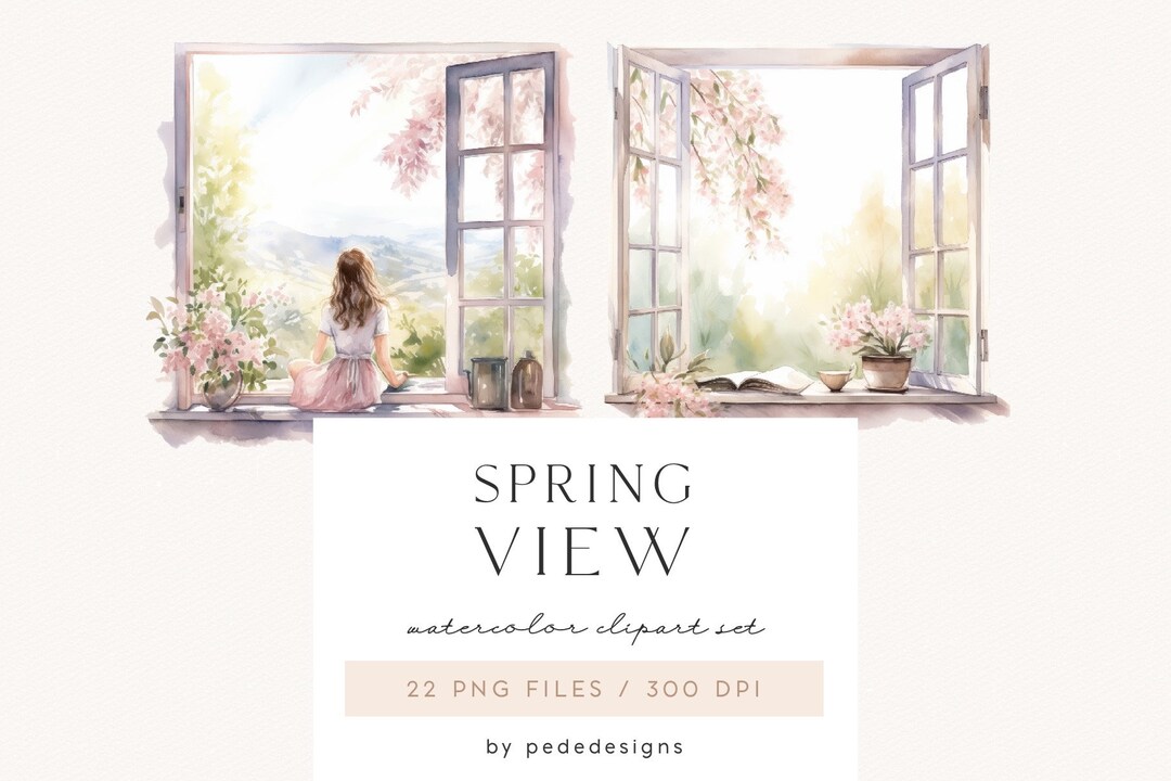 Spring Illustrations, Watercolor Spring Clipart, Girl Graphics, Window ...