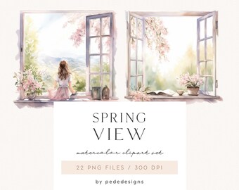 Spring Illustrations, watercolor spring clipart, girl graphics, window view, cozy spring clipart, countryside, rustic png, download