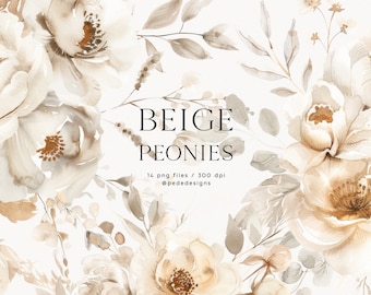 Puede incluir: Peonías beige en acuarela con hojas marrones y grises. El texto "Beige Peonies" está escrito en negro con el texto "14 png files / 300 dpi @pededesigns" debajo.