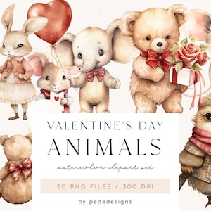 Clipart em aquarela do Dia dos Namorados, animais bebês em aquarela, gráficos românticos, clipart de casamento, decoração de berçário, chá de bebê, download