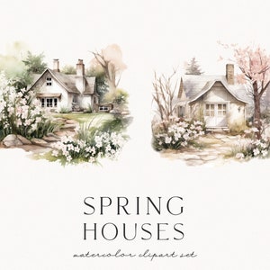 Op de afbeelding: Watercolor clipart set met twee charmante witte huizen met stenen paden, omgeven door weelderig groen en bloeiende bloemen. De tekst "SPRING HOUSES" en "watercolor clipart set" staan onder de afbeeldingen.